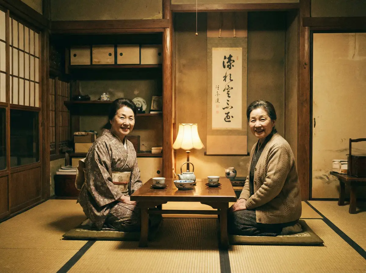 两位优雅的 觅圈 在日式茶室中品茶交谈